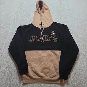 Buc ee's Black Tan Color Block Hoodie Hooded Sweatshirt Buc-ees Logo Size Medium